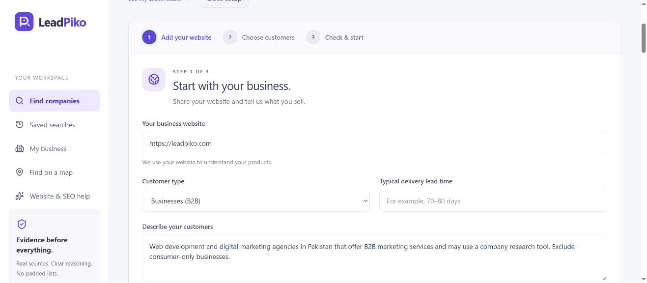 LeadPiko Start with your business screen showing its website and a digital marketing agency research brief.